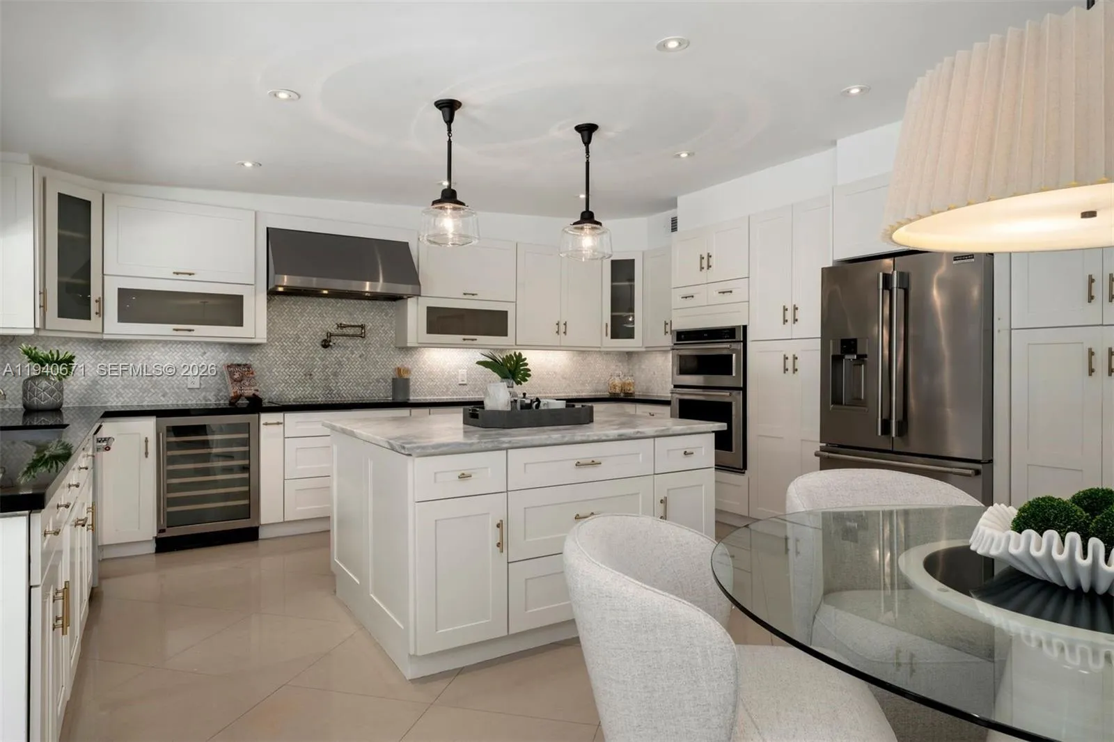 Family style dining opens to kitchen and family room