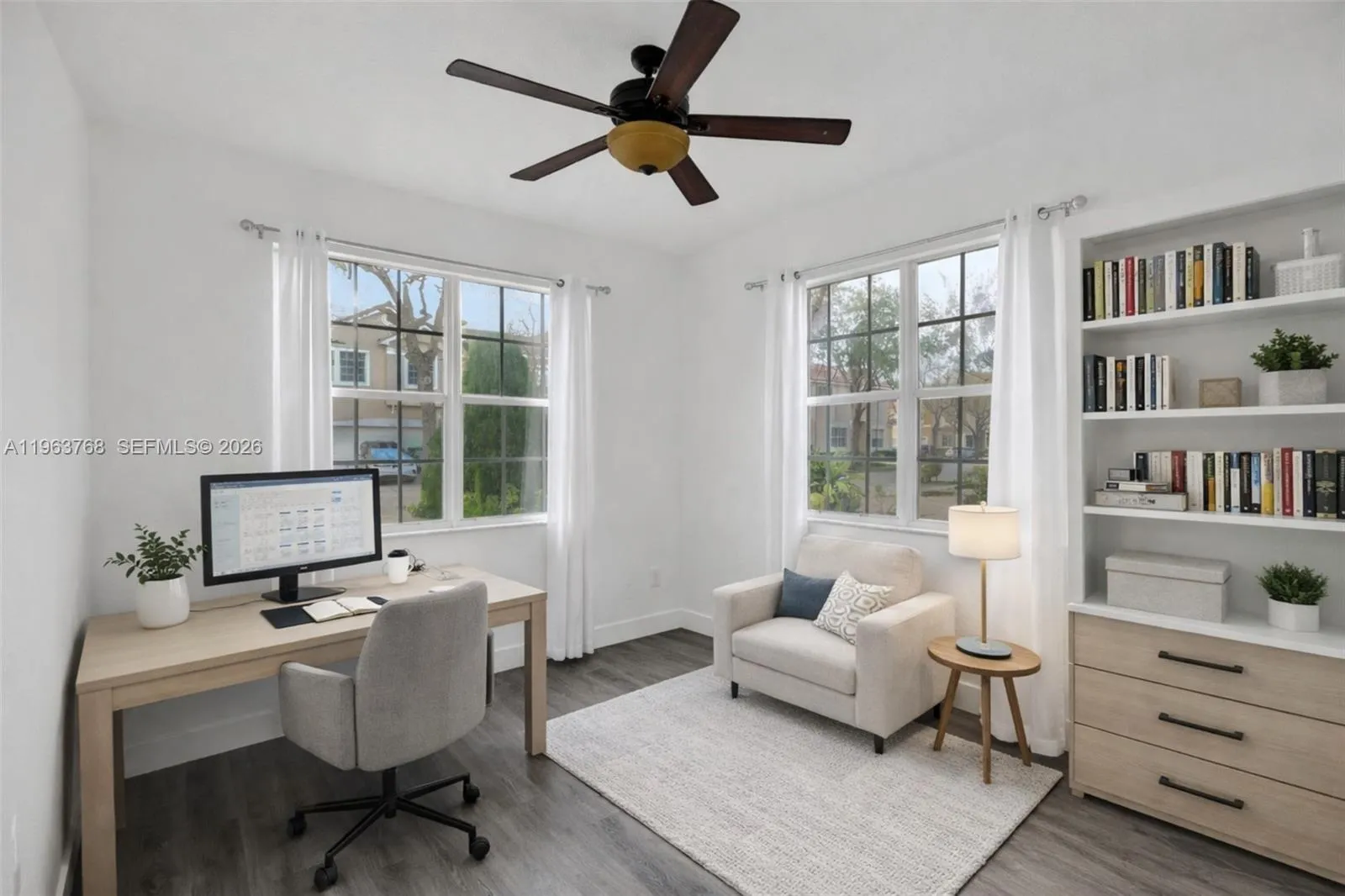 Den virtually staged as a home office