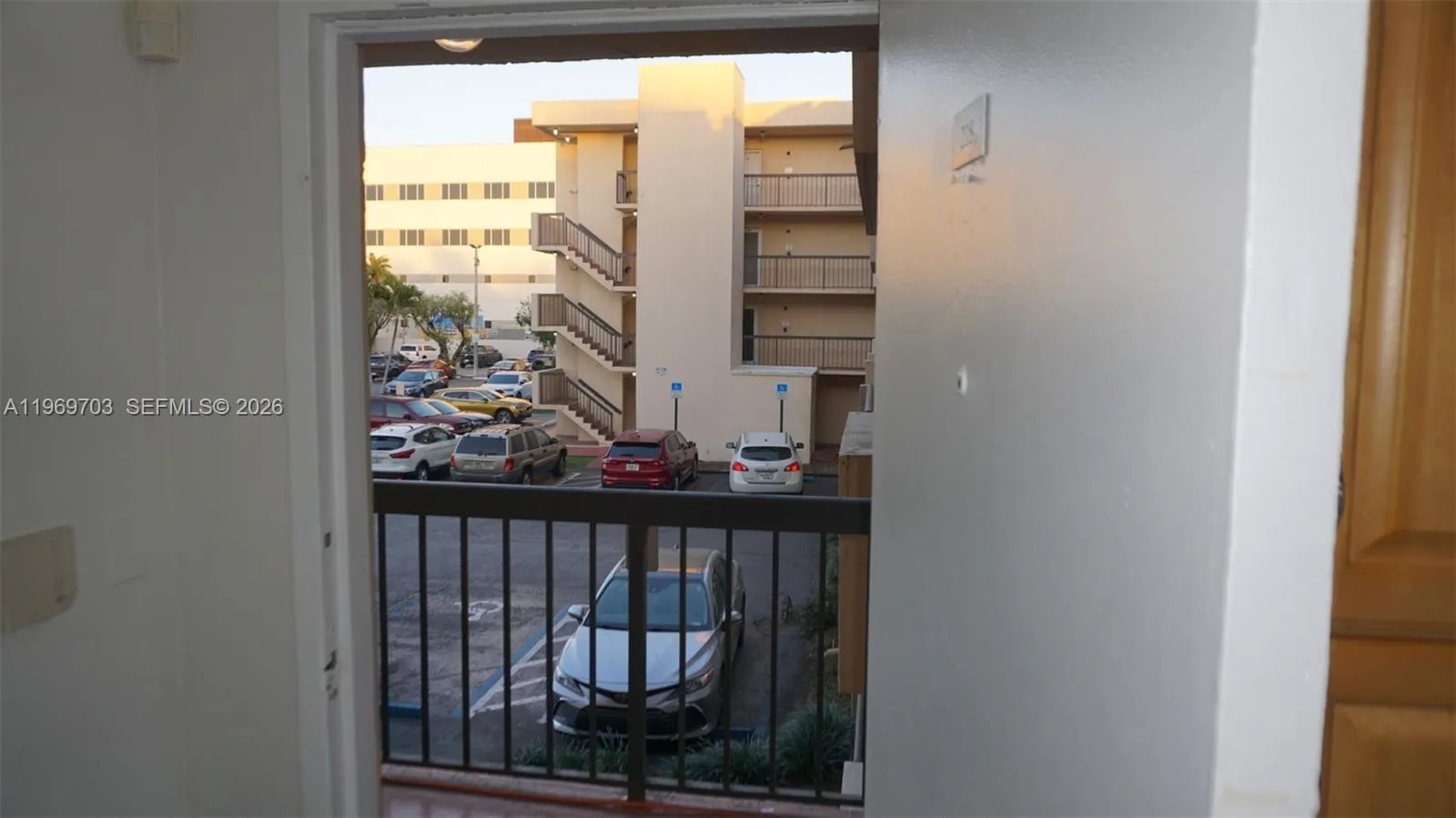 View to parking lot from front door