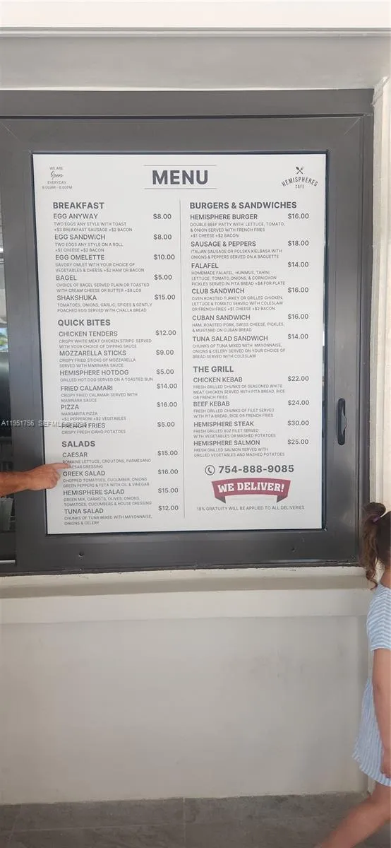 Ocean side pool snack bar  menu