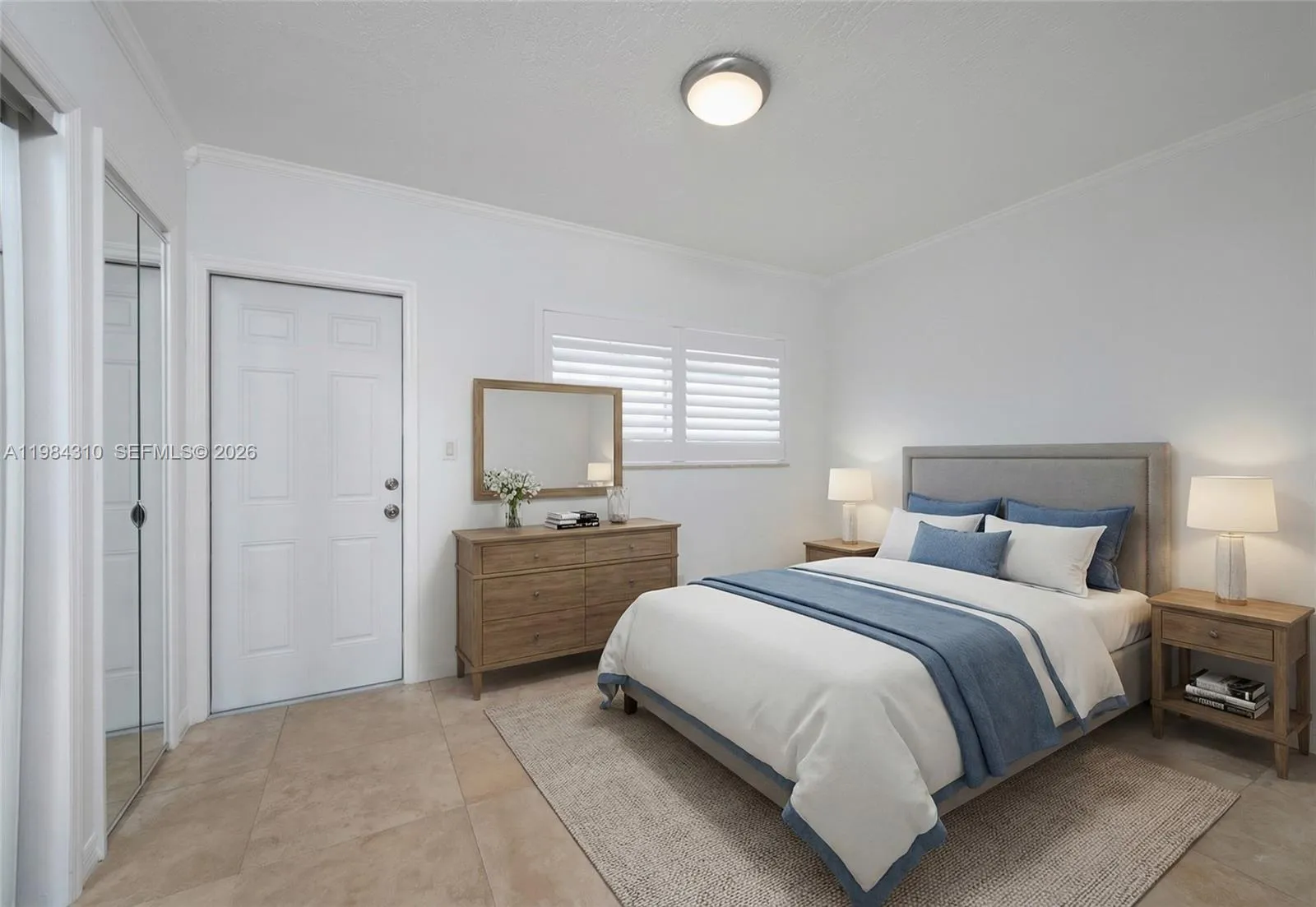 Virtually furnished master bedroom. This description highlights the room\'s primary function and features, suggesting it is a well-equipped and comfortable space.