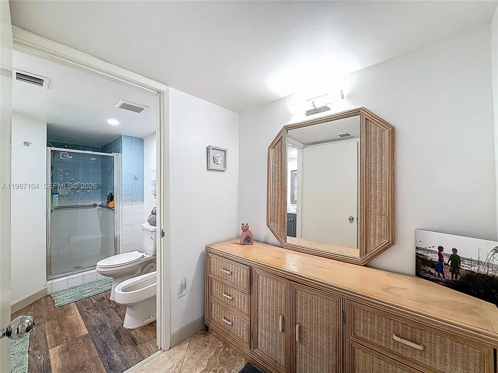 Vanity located outside of the bathroom