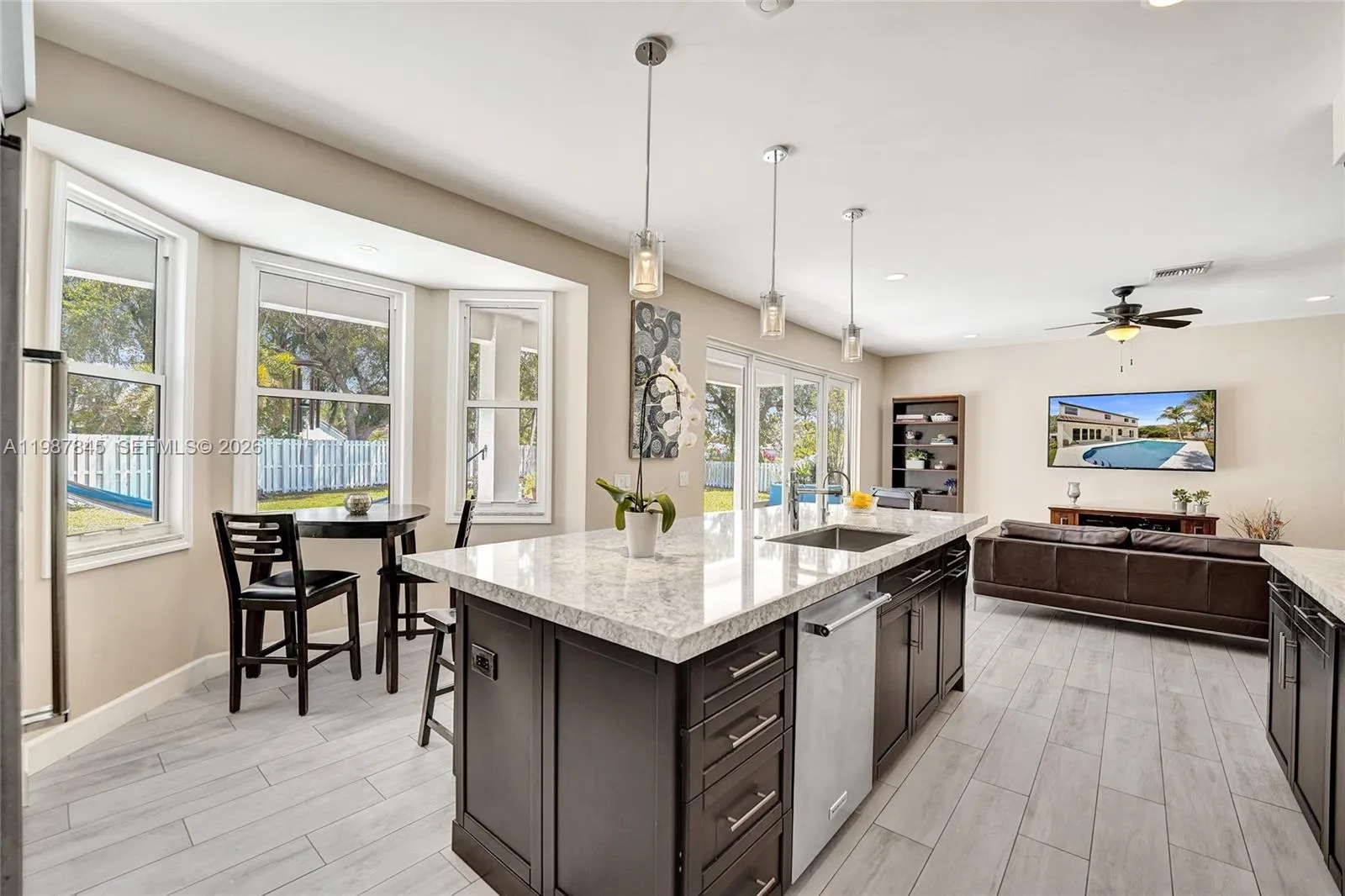 Looking onto the family room and backyard