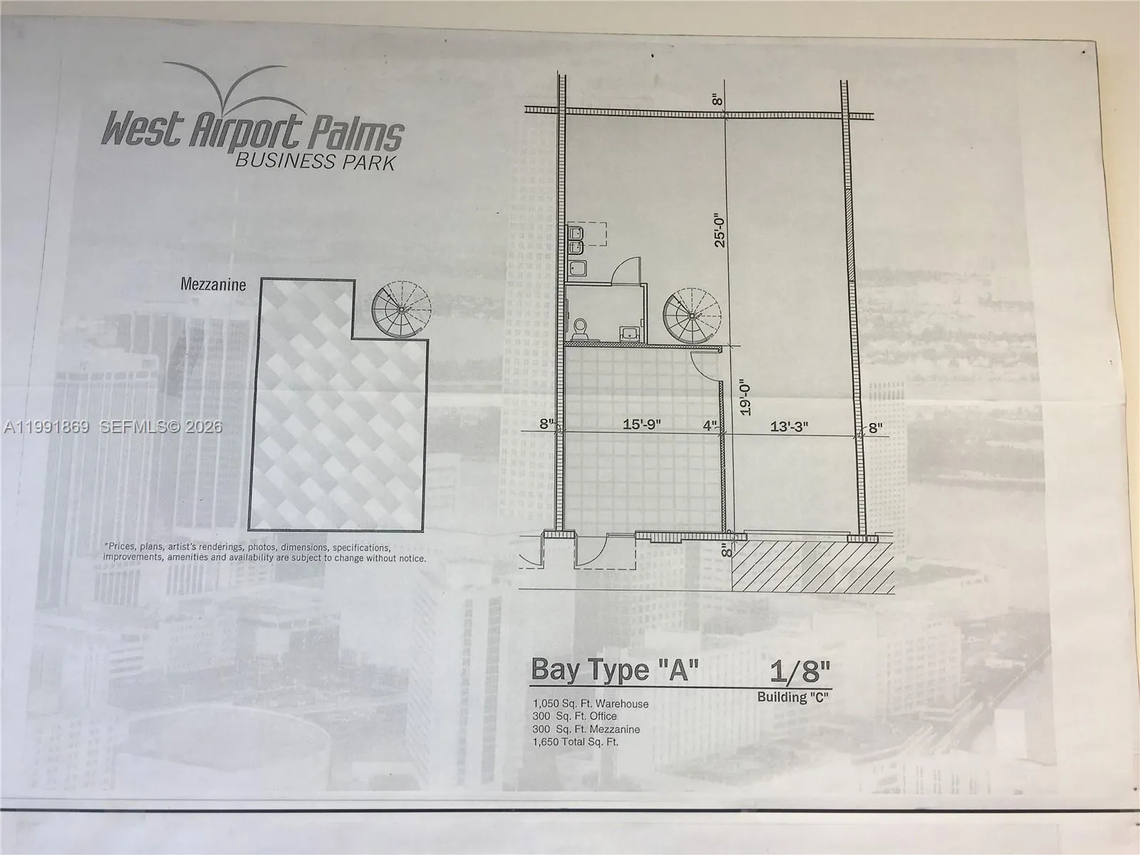 1650 SF total : 1,050 SFb of Storage space, 300 SF Office Space, 300 SF Mezzanine