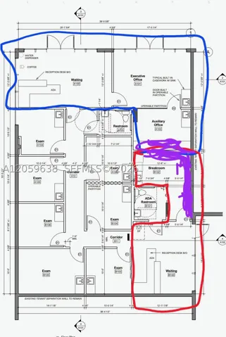 Blue area for rent.  Red area is shared.  Purple is a storage section.