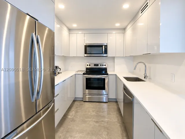 Modern updated kitchen with sleek cabinetry and quartz counter.