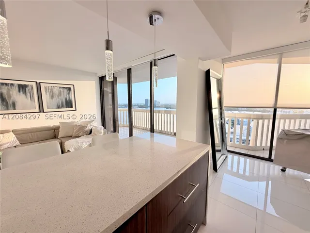 kitchen with view to living room and open countertop