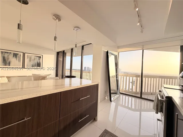kitchen with view to living room and open countertop