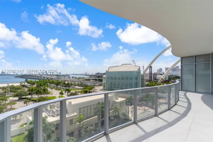 Terrace overlooking Biscayne Bay, the causeway and the Arts District
