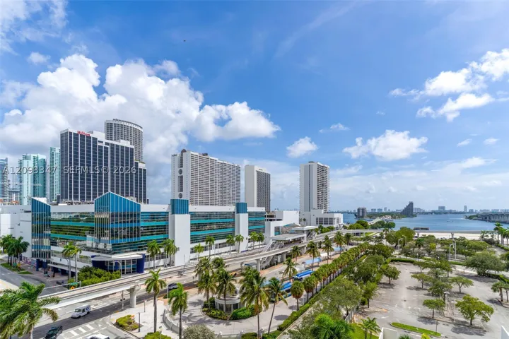 Downtown Miami skyline view from the seventh floor corner residence