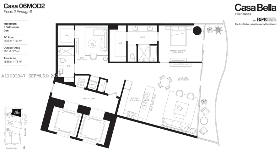 Floor plan for Casa 06MOD2, one bedroom plus den, 1,595 Sq Ft