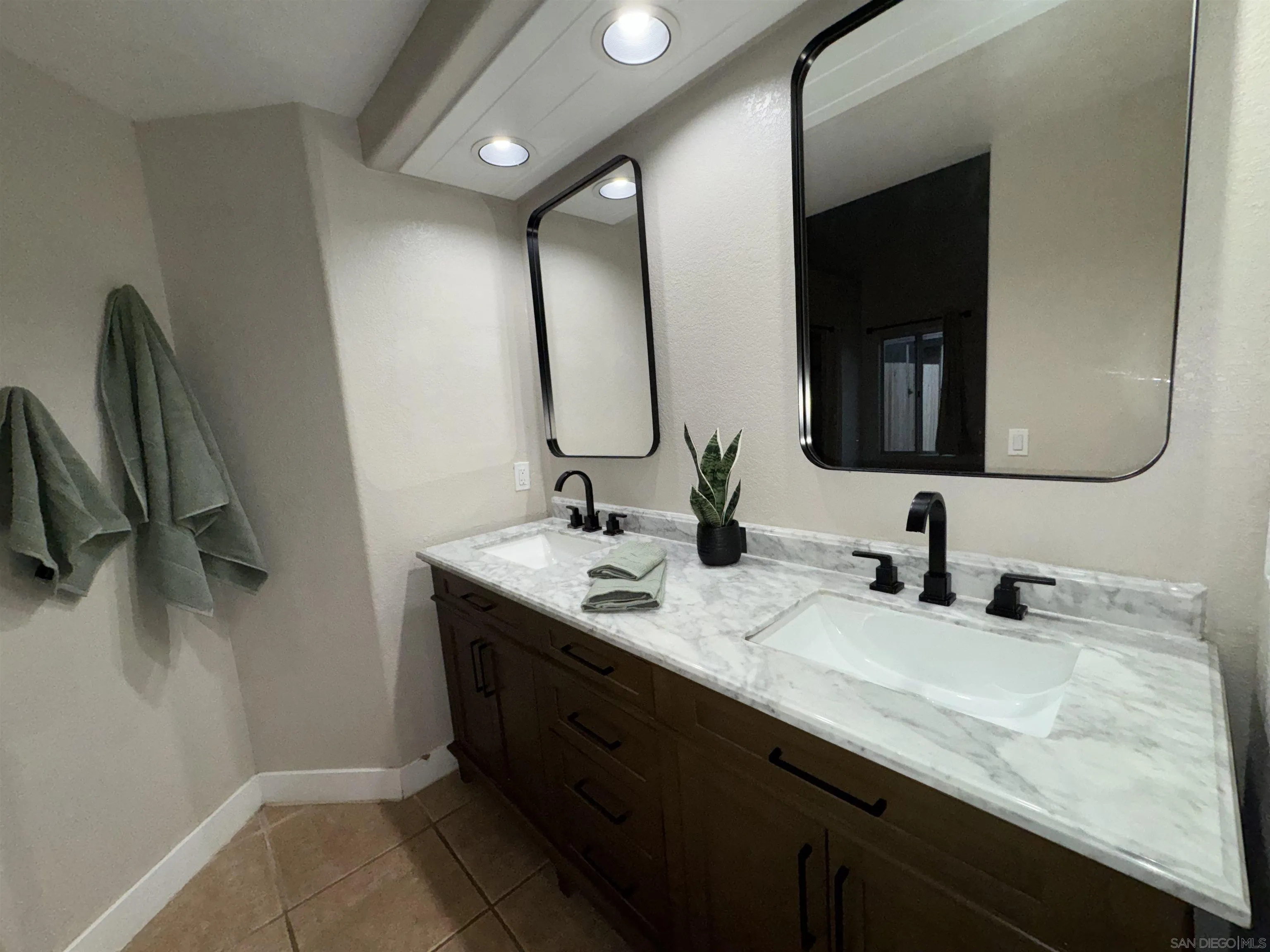 2934 Manzanita View Rd, Alpine, CA 91901 Primary bath with dual sinks, LED lighting, decorative mirrors and barn door.