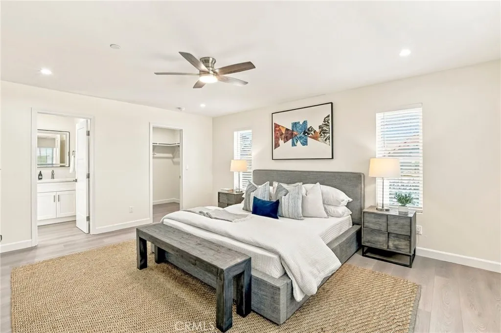 4661 Redwood Street, San Diego, CA 92105 Large private upstairs primary suite with walk in closet, ceiling fan, recessed lighting and private spa like bathroom