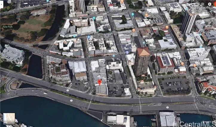 Aerial View of Chinatown and 905 Kekaulike St. (Lanakila Marine Service & Kaya Fishing Supply building red marker) looking Mauka from Honolulu Harbor.  Planned Rail Transit Station directly ewa from subject Property.