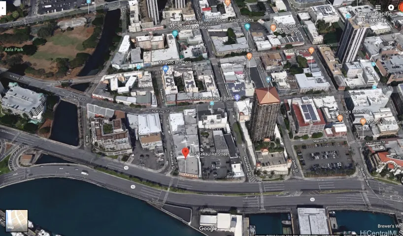 Aerial view of adjoining properties 915 Kekaulike St. and 905 Kekaulike St. (corner of Nimitz Hwy & Kekaulike St.)