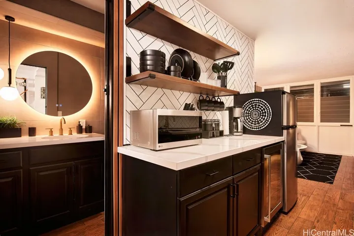 View of Kitchen and Bathroom