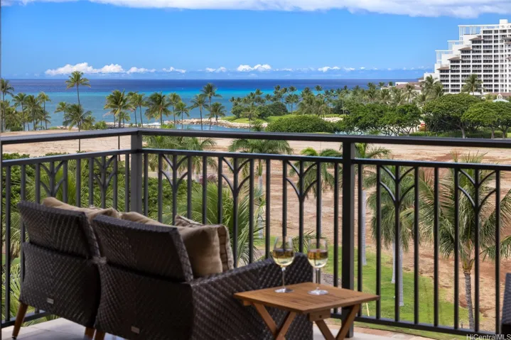 West lanai overlooking Pacific Ocean and Four Seasons Oahu Hotel