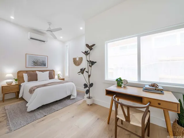 The first bedroom accommodates a full or queen bed with lots of natural light, a study or play area and large reach-in closet. Recessed lighting, ceiling fans and quiet split AC units adorn each bedroom.
