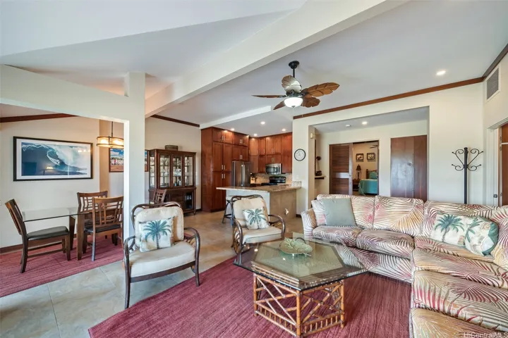 Living area, kitchen and dining.