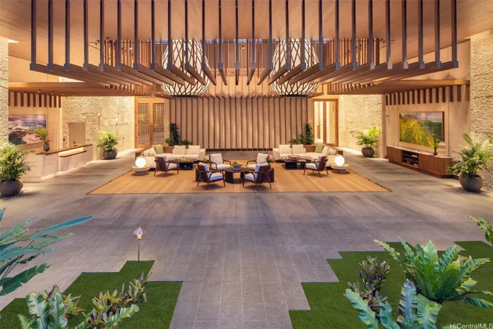 The lobby flows to the outdoors and one of several walled gardens--stunning!