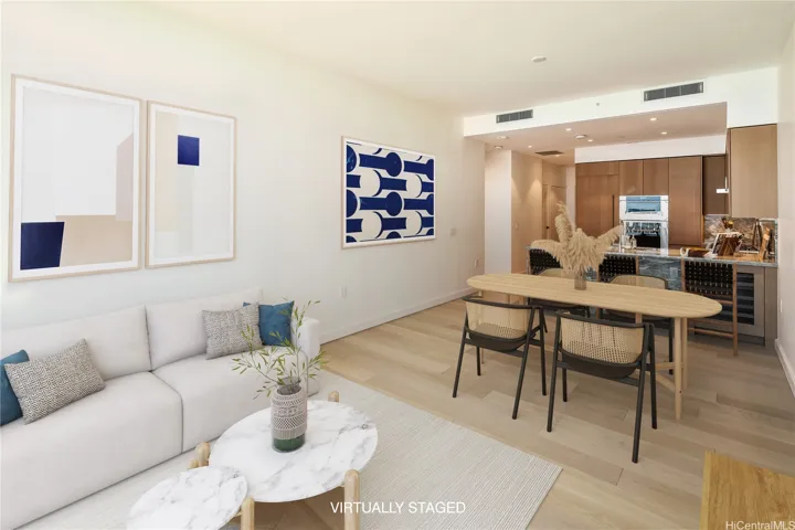 Virtual staging reminds you how large the great room is.