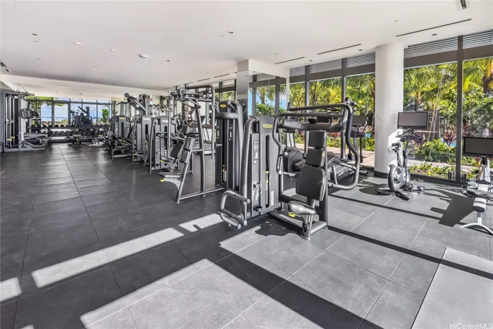 The fantastic gym overlooks the ocean and gardens.