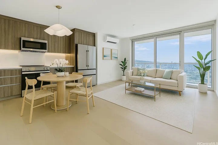 Enhanced living room with Diamond Head and sunrise views