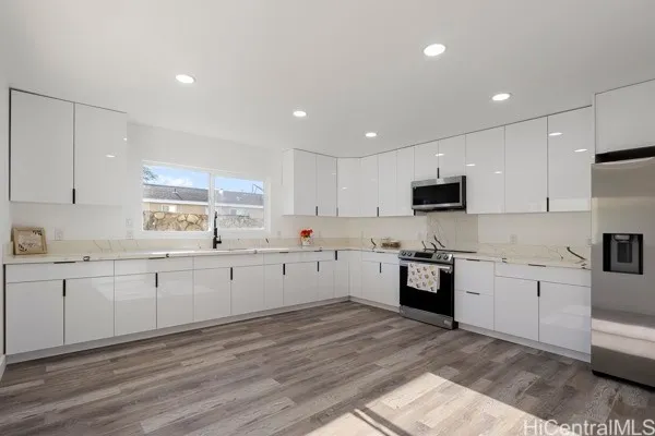 downstairs kitchen - new cabinets and quartz countertops. Stainless steel appliances!