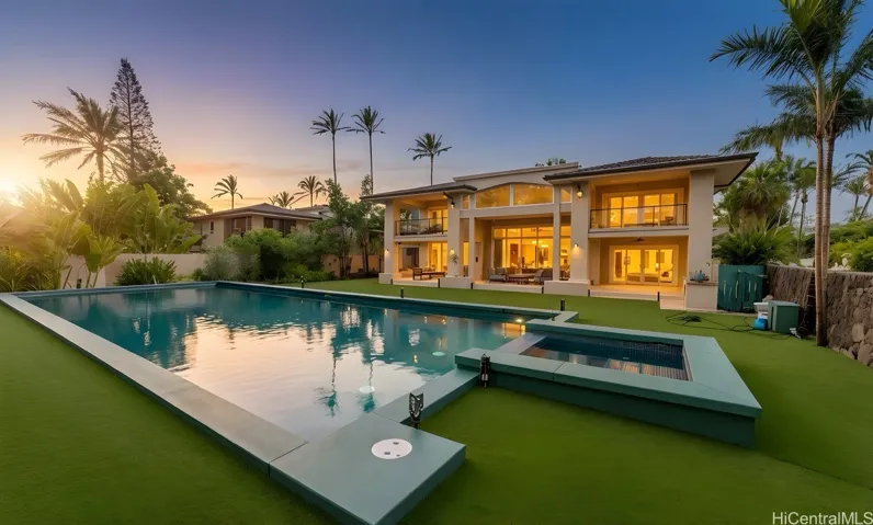 Saltwater pool and spa with rear elevation at twilight. Enhanced