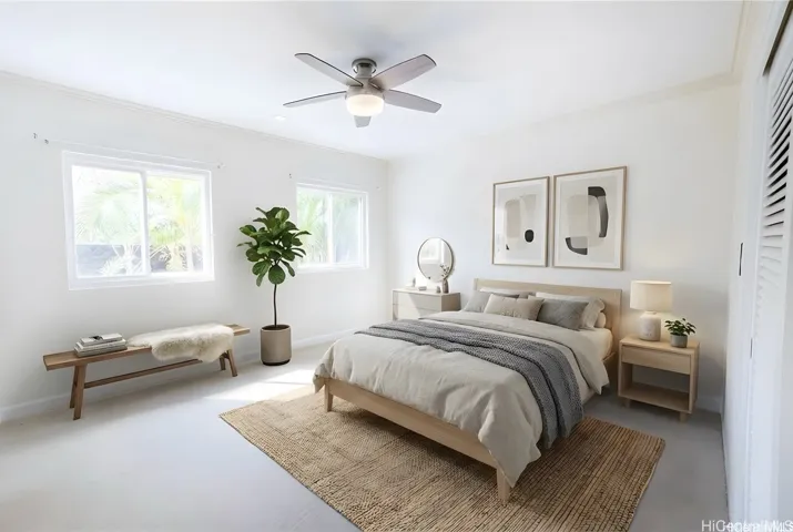 Guest bedroom with natural light. Enhanced.