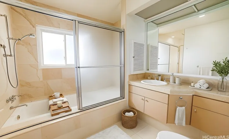 Guest bathroom with walk-in shower. Enhanced.
