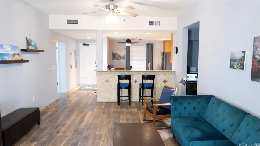 Living room, kitchen view