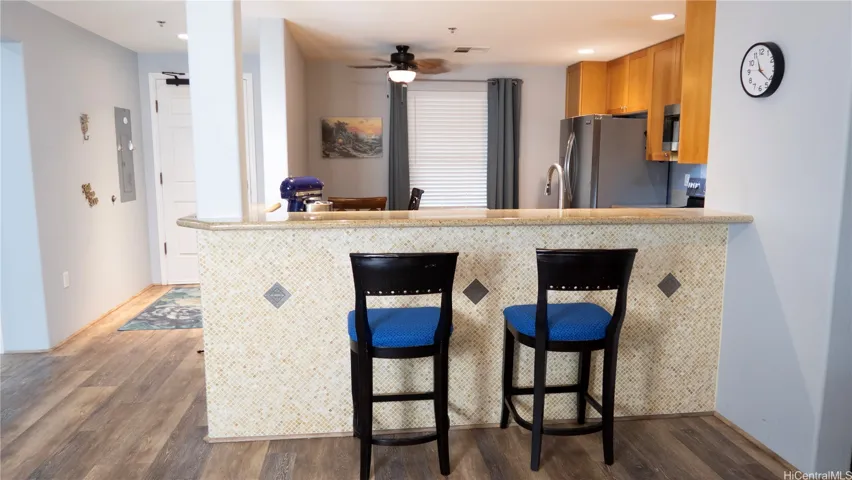 Living room, kitchen view