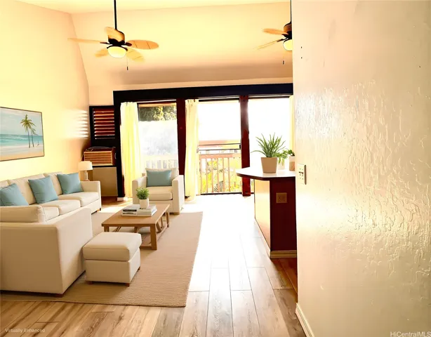 Entry view to living room Digitally staged