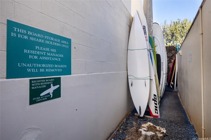 Surfboard storage for owners. Separate storage location for renters.
