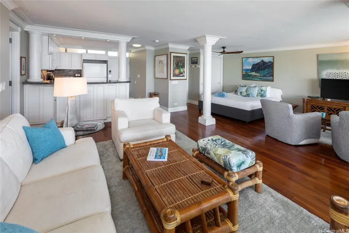 The space between the living area and bed can be modified to restore the 2nd bedroom.