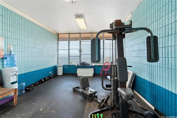 Weight room with ocean views.