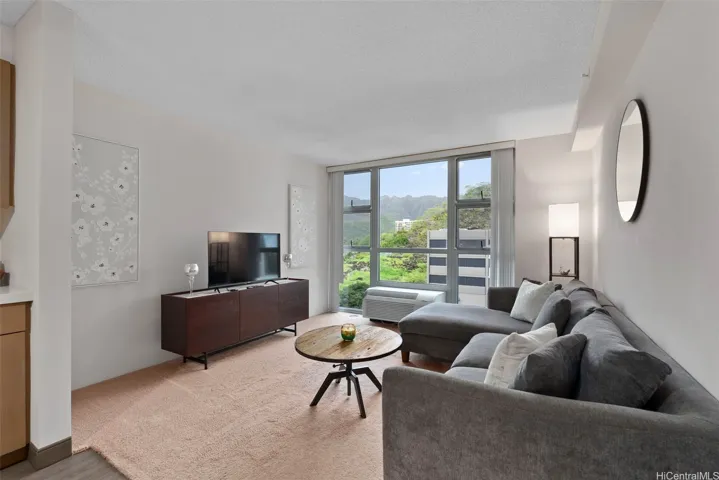 Comfortable living room with a garden/entryway view.