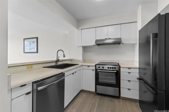 Deep farm style sing and updated stainless steel dishwasher.