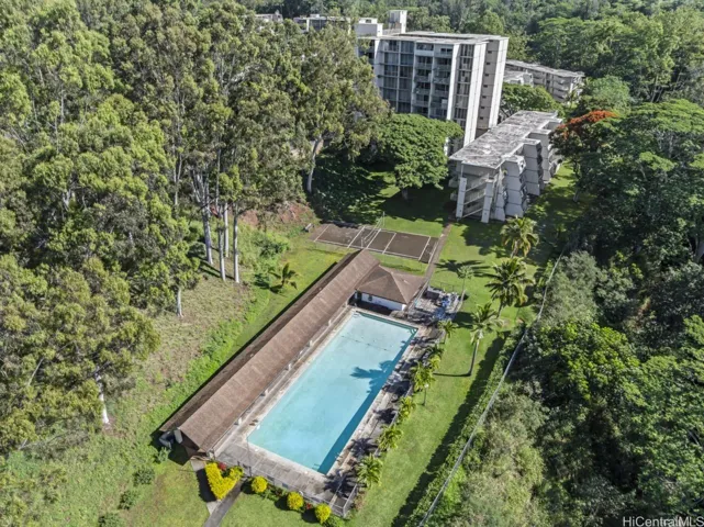 An aerial view of the large community swimming pool.