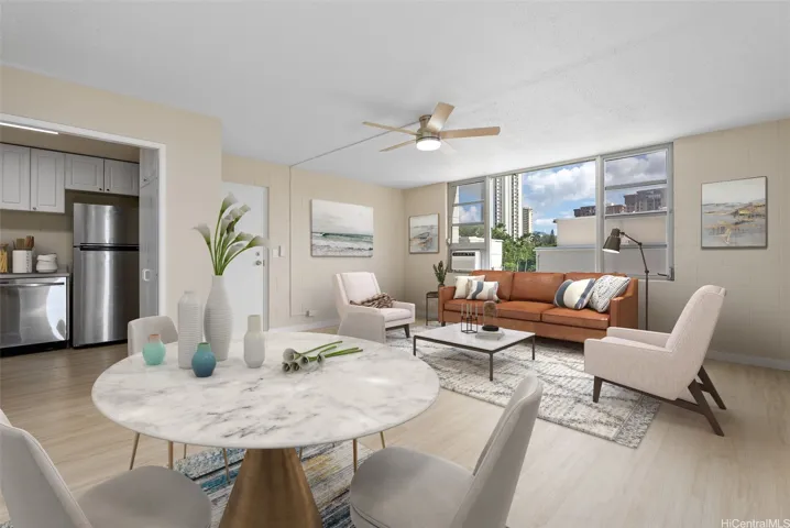 virtually staged living and dining area