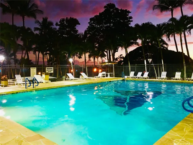 Heated pool at dusk