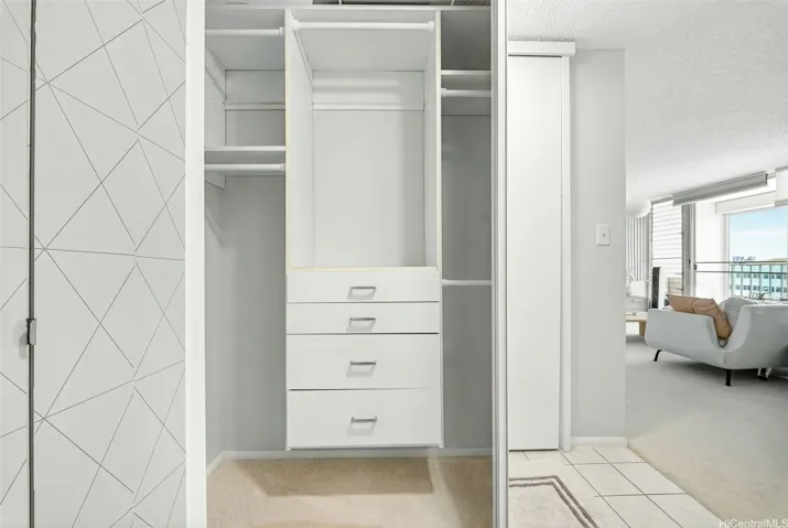 Built in closet with drawers, shelving, & mirrored doors