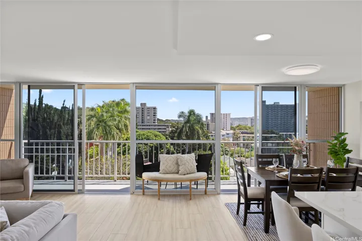 Large windows and sliding doors provide ample light