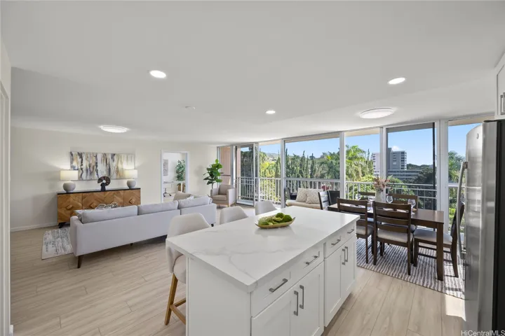 Open living area with views out toward Diamond Head and Manoa