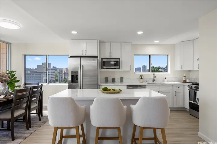 Remodeled interior with new kitchen and countertop seating