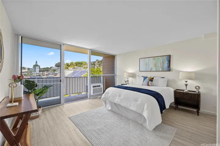 Primary bedroom with views toward Punchbowl