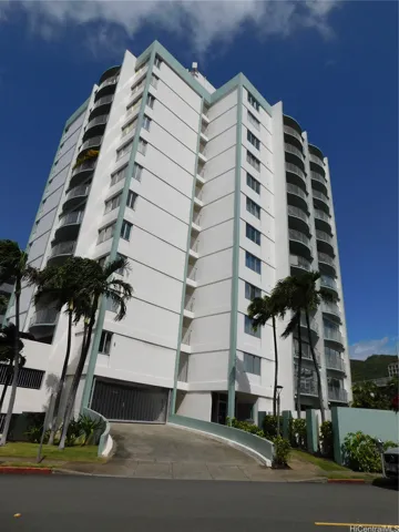 Exterior of Lunalilo Tower.  12-story building in convenient location.  Three levels of gated assigned parking.