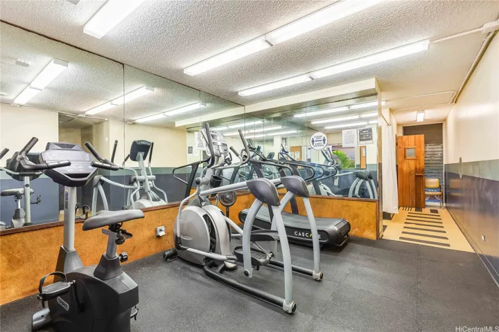 exercise room with sauna, there are 2 exercise rooms