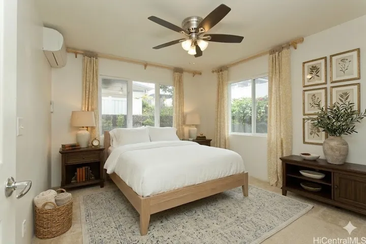 **virtually staged** One of two downstairs bedrooms.